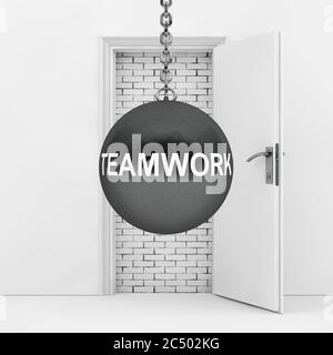 Wrecking Ball with Teamwork Sign Ready to Destroy Brick Wall wich Blocked White Opened Door extreme closeup. 3d Rendering. Stock Photo