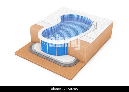 In - Ground Blue Outdoor Swimming Water Pool with Ladder Construction Plan on a white background. 3d Rendering. Stock Photo