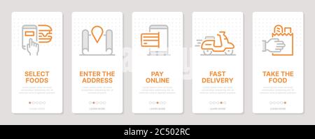 Food delivery related vertical cards. Mobile app onboarding screens. Templates for a website. Icons with editable stroke Stock Vector