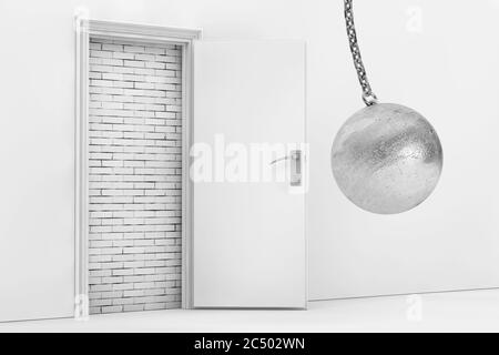 Wrecking Ball Ready to Destroy Brick Wall with Blocked White Opened Door extreme closeup. 3d Rendering. Stock Photo