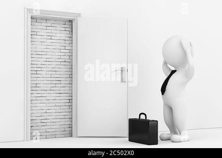 3d Businessman Stressed near White Opened Door Blocked with Brick Wall extreme closeup. 3d Rendering. Stock Photo