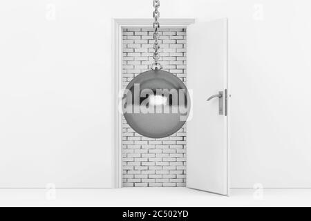 Wrecking Ball Ready to Destroy Brick Wall with Blocked White Opened Door extreme closeup. 3d Rendering. Stock Photo