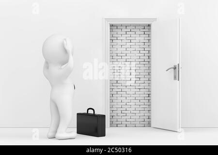 3d Businessman Stressed near White Opened Door Blocked with Brick Wall extreme closeup. 3d Rendering. Stock Photo