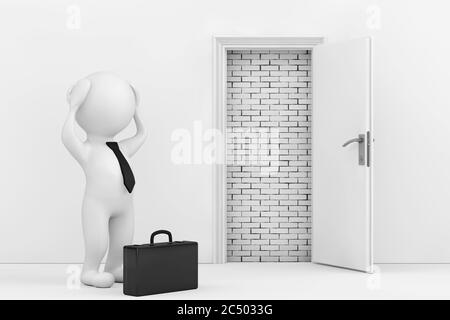 3d Businessman Stressed near White Opened Door Blocked with Brick Wall extreme closeup. 3d Rendering. Stock Photo