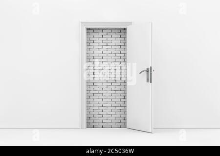 Brick Wall Seen Through White Opened Door extreme closeup. 3d Rendering. Stock Photo