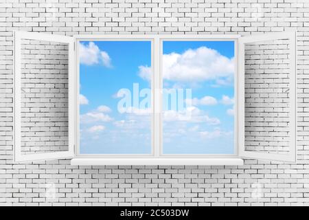 Sky Seen Through White Opened Window on Brick Wall extreme closeup. 3d Rendering. Stock Photo