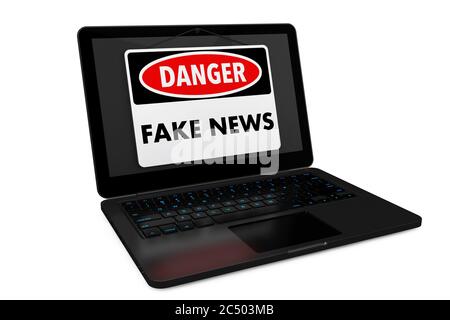 Fake News Danger Sign over Laptop Screen on a white background. 3d Rendering. Stock Photo