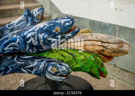 Street scene with wooden artwork in Molde, Norway. Stock Photo