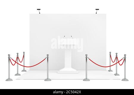 Barrier Rope Around Trade Show Booth with White Podium Tribune Rostrum Stand with Microphones on a white background. 3d Rendering. Stock Photo