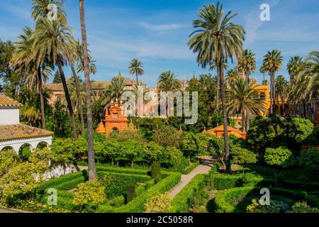 View of the gardens from the Galeria de Grutescos in the Alcazar, a royal palace, originally a Moorish fort in Seville, Andalusia, Spain. Stock Photo