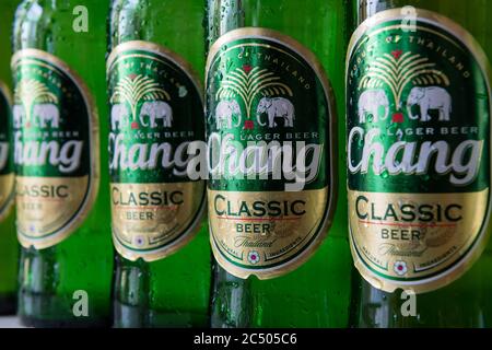 Bottles of Thai Chang Classic beer. Stock Photo