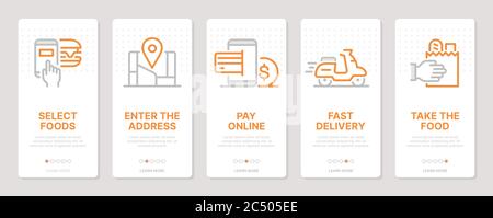 Food delivery related vertical cards. Mobile app onboarding screens. Templates for a website. Icons with editable stroke Stock Vector