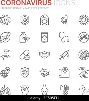 Collection of coronavirus related outline icons. Stock Vector