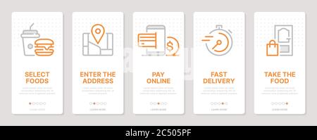 Food delivery related vertical cards. Mobile app onboarding screens. Templates for a website. Icons with editable stroke Stock Vector