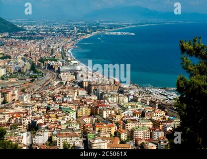 Panoramic view of the Salerno City and Gulf of Salerno from the top of the castle Arechi, Salerno, Campania, Italy Stock Photo