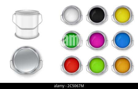 Open cans with building paint multicolored vector set. Front view. Stock Vector