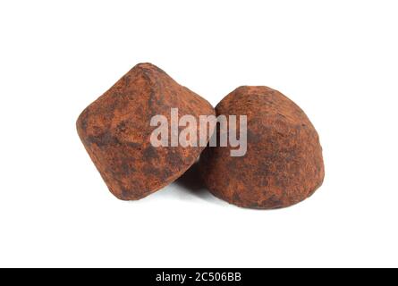 Belgian cocoa dusted chocolate truffles. Classic dessert isolated on white background Stock Photo