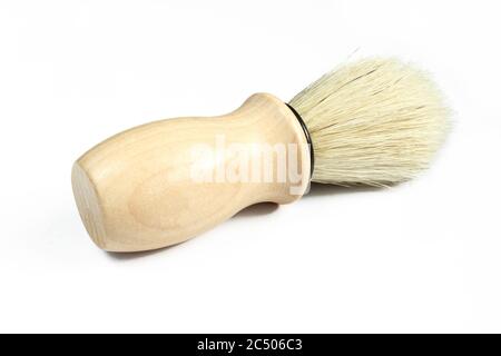 Shaving brush for men with wooden handle isolated on white background Stock Photo