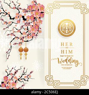 chinese oriental wedding Invitation card templates with beautiful patterned on paper color Background. Stock Vector