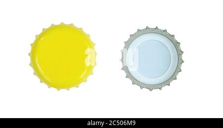 Two sides of yellow metallic bottle cap isolated on white background. Stock Photo