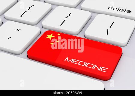 Computer Keyboard Key with China Flag and Medicine Sign extreme closeup. 3d Rendering. Stock Photo