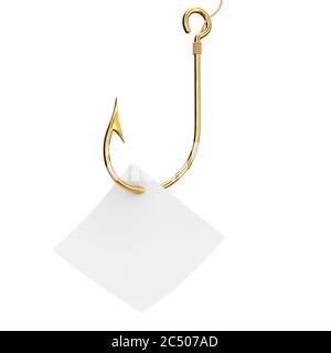 Golden Fishing Hook with Blank Note Paper on a white background. 3d Rendering. Stock Photo