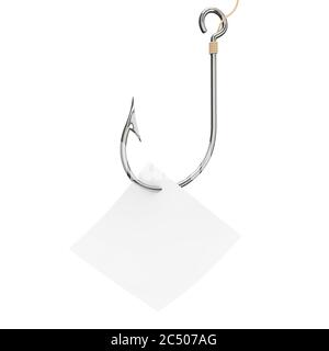 Stainless Steel Fishing Hook with Blank Note Paper on a white background. 3d Rendering. Stock Photo