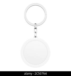 Blank White Round Metal Key Chain with Key Ring on a white background. 3d Rendering Stock Photo