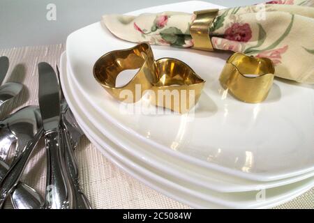 Solid brass napkin rings, USA Stock Photo