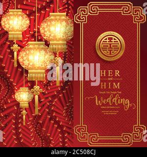chinese oriental wedding Invitation card templates with beautiful patterned on paper color Background. Stock Vector