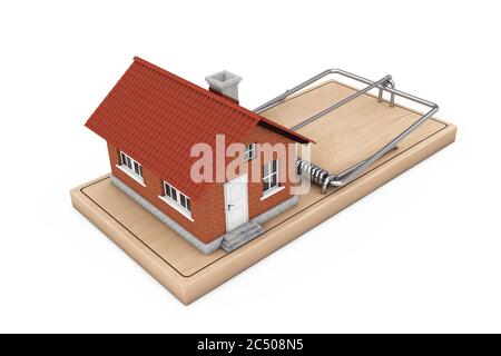 Building Loan Concept. House Building over Wooden Mousetrap on a white background. 3d Rendering. Stock Photo