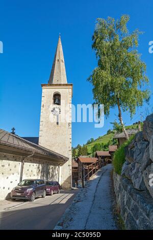 Switzerland, Valais Canton, Val d'Herens, Saint Martin, church tower Stock Photo