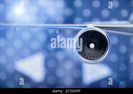 model of the turbofan engine on the airplane wing Stock Photo