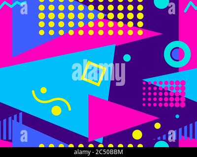 Memphis seamless pattern with geometric shapes in the style of the 80s. Multi-colored triangles, circles and zigzags for promotional products, wrappin Stock Vector