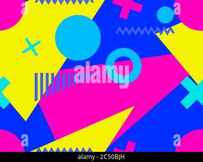 Memphis seamless pattern with geometric shapes in the style of the 80s. Multi-colored triangles, circles and zigzags for promotional products, wrappin Stock Vector