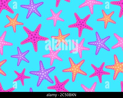 Seamless pattern with colorful starfish on a blue background. For promotional products, wrapping paper and printing. Vector illustration Stock Vector