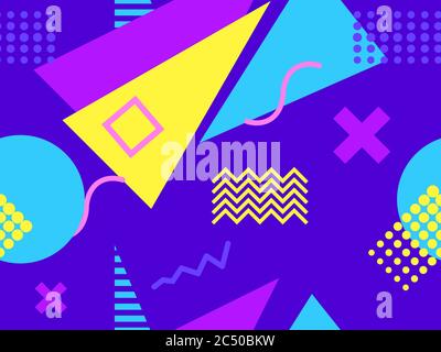 Memphis seamless pattern with geometric shapes in the style of the 80s. Multi-colored triangles, circles and zigzags for promotional products, wrappin Stock Vector