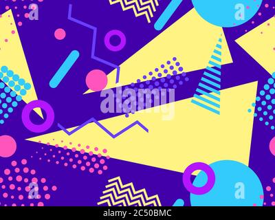Memphis seamless pattern with geometric shapes in the style of the 80s. Multi-colored triangles, circles and zigzags for promotional products, wrappin Stock Vector