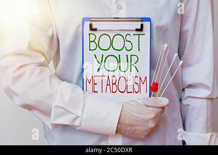 Writing note showing Boost Your Metabolism. Business concept for body process uses to make and burn energy from food Laboratory blood test sample for Stock Photo