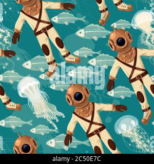 Diver, fish and jellyfish seamless Stock Vector