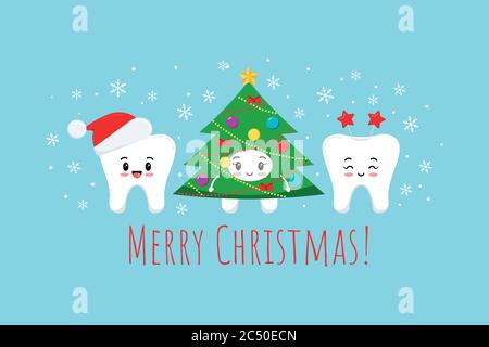 Cute smile teeth with christmas tree costume on dentist greeting card. Stock Vector