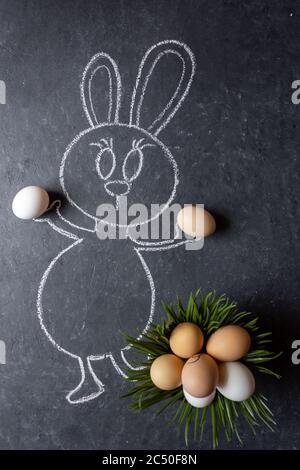 Easter bunny with eggs. Green grass and eggs. Chalk drawn bunny with real grass and eggs. Stock Photo