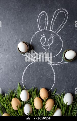 Easter bunny with eggs. Green grass and eggs. Chalk drawn bunny with real grass and eggs. Stock Photo