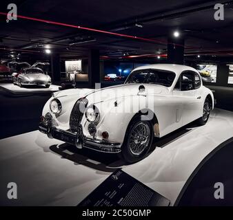 Jaguar XK140 (1956). Classic Sports car of the British company Jaguar, produced in the period from 1954 to 1957. luxury car. Classic Car exhibition - Stock Photo