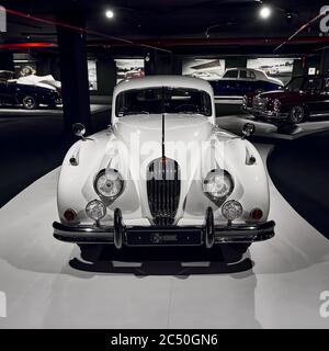 Jaguar XK140 (1956). Classic Sports car of the British company Jaguar, produced in the period from 1954 to 1957. luxury car. Classic Car exhibition - Stock Photo