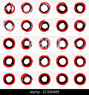 Circle brush stroke. Set of 25 shapes. Black and red paint imprint. Dirty texture in grunge style. Brushstrokes isolated on white background. Stock Vector