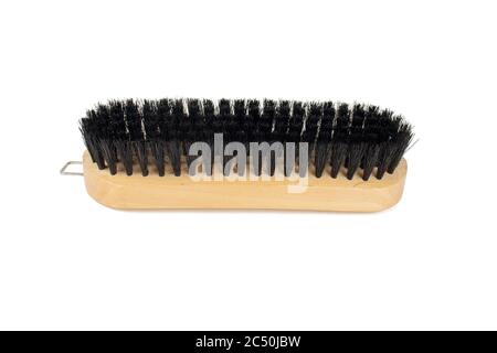 Wooden clothes and shoe brush with black bristle isolated on white Stock Photo