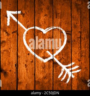 Heart pierced by an arrow. White love symbol are created with a paint brushstroke on a brown wooden board with realistic texture and natural structure Stock Vector