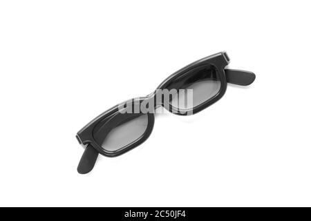 Plastic black 3D cinema glasses isolated on white background. Stock Photo