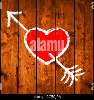 Red heart pierced by an arrow. White love symbol are created with a paint brushstroke on a brown wooden board with realistic texture natural structure Stock Vector